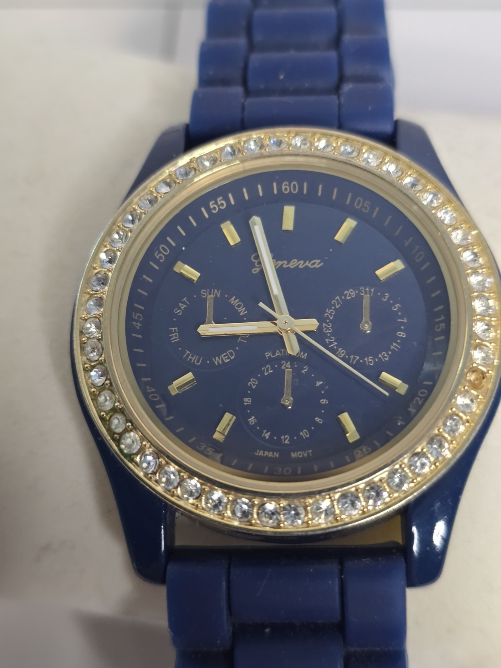 Geneva Navy and Gold Silicone Crystal-Accented Watch